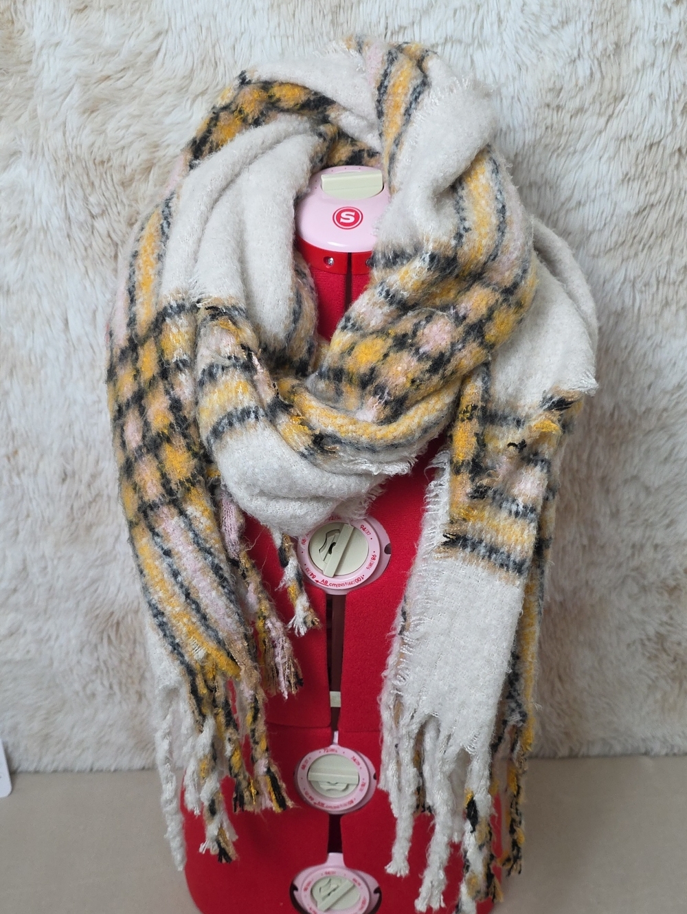 Betsey Johnson Fuzzy Plaid Fringe Scarf One Size Cream Yellow Pink Cozy Soft